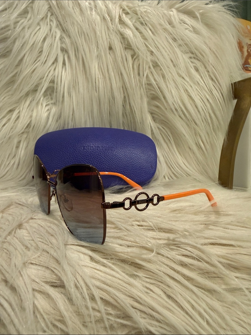 Emilio Pucci Gradient Lens Sunglasses with Orange Temples and Purple Case